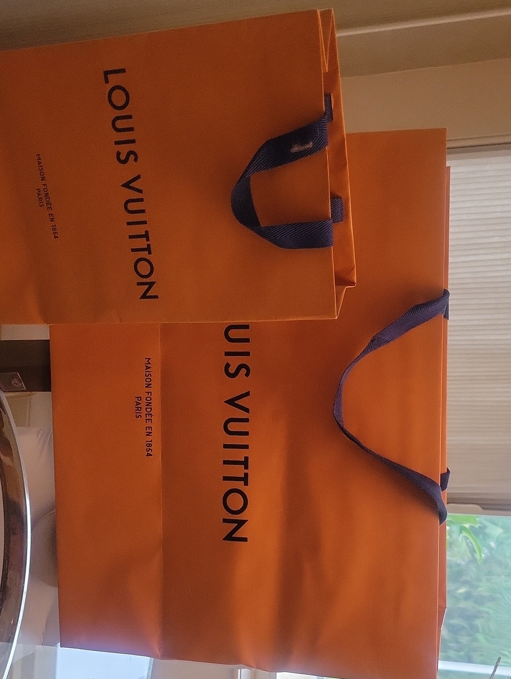 Louis Vuitton Orange Shopping Bags with Blue Handles